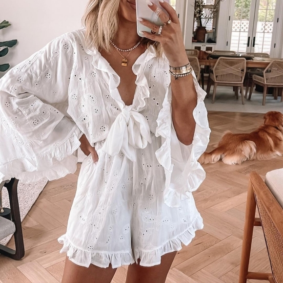 Surf Gypsy Pants - White Boho Beachy Eyelet Ruffle Front Tie Romper Bell Sleeves Cottagecore